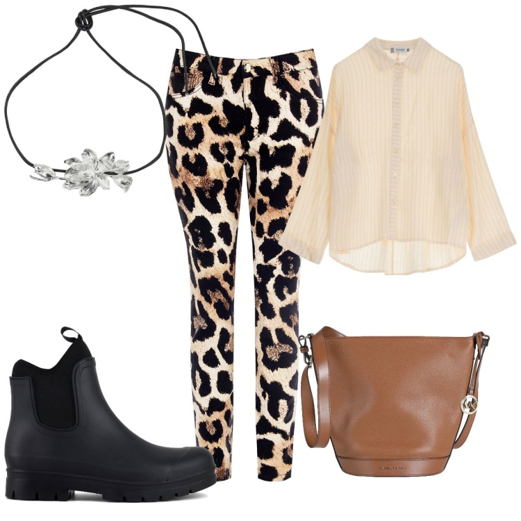 Outfit donna - Camicia oversize e animalier. Stile Trendy per Tutti i giorni. Abbinamento con borse a spalla, jeans skinny, camicie, collane, stivali.