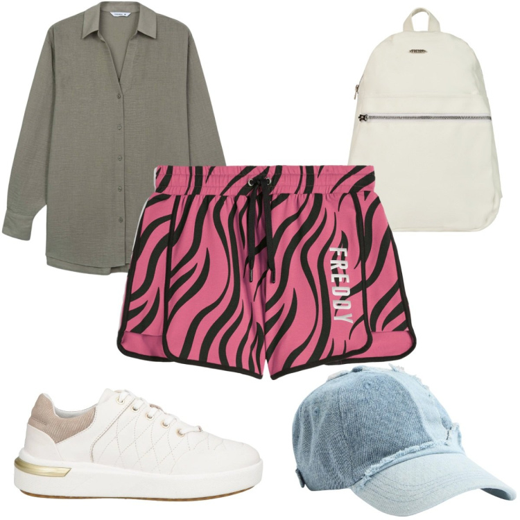 Outfit donna - La camicia oversize è sportiva. Stile Trendy per Sport. Abbinamento con sneakers, camicie, cappelli, zaini, pantaloni corti.