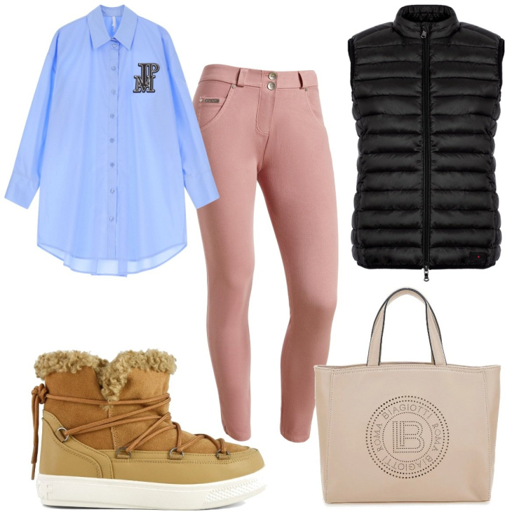 Outfit donna - Total look #2060024. Stile Trendy per Tutti i giorni. Abbinamento con camicie, pantaloni skinny, piumini, stivali da neve, borse a tracolla.