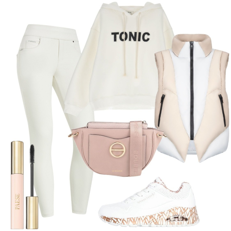 Outfit donna - Sportiva. Stile Sporty chic per Tutti i giorni. Abbinamento con borse a tracolla, mascara, jeggings, felpe con cappuccio, piumini, sneakers.