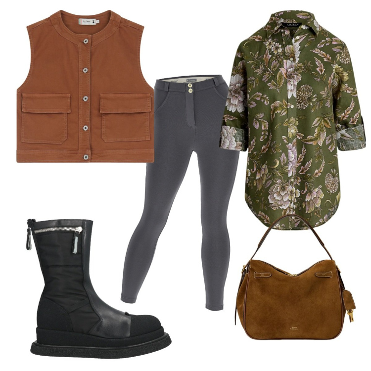 Outfit donna - Total look #2060030. Stile Trendy per Tutti i giorni. Abbinamento con stivaletti, gilet, pantaloni skinny, borse a mano, camicie.