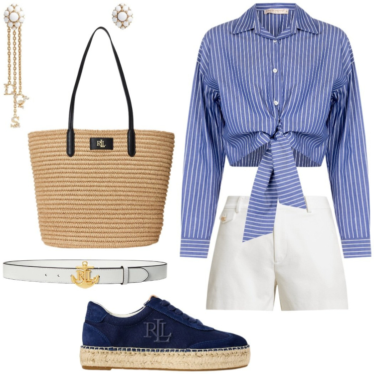 Outfit donna - Una camicia per il mare. Stile Casual chic per Tutti i giorni. Abbinamento con orecchini, camicie, borse tote, cinture, sneakers, shorts.