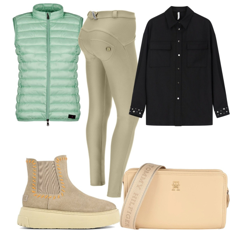 Outfit donna - Total look #2060036. Stile Trendy per Tutti i giorni. Abbinamento con borse a tracolla, camicie, pantaloni skinny, piumini, stivaletti.