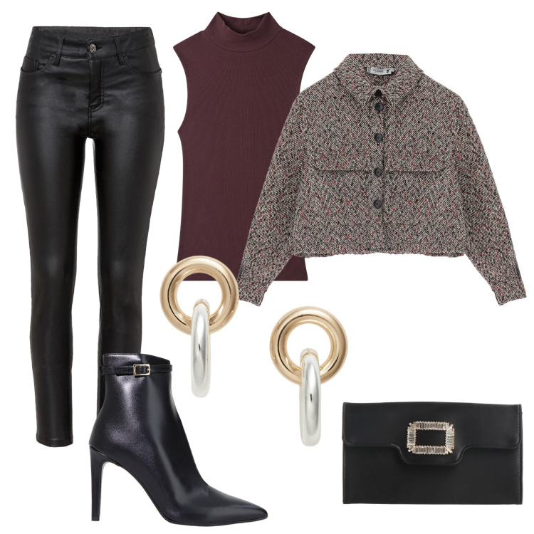 Outfit donna - Orecchini in regalo. Stile Glamour per Serata fuori. Abbinamento con pantaloni, borse a mano, top, cappotti, stivaletti, orecchini.