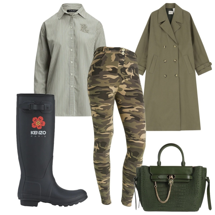 Outfit donna - Total look #2060042. Stile Military per Tutti i giorni. Abbinamento con borse a mano, stivali di gomma, pantaloni skinny, trench, camicie.