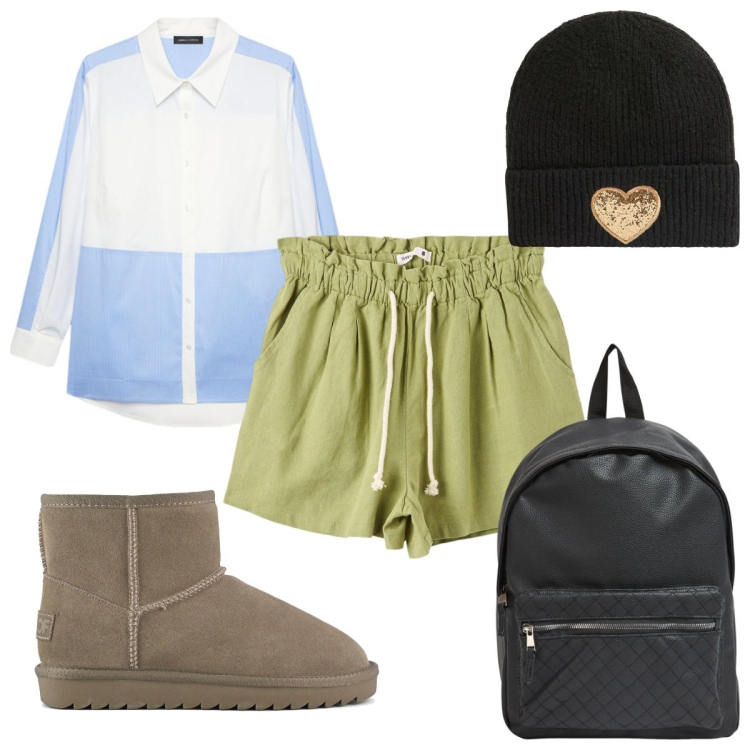 Outfit donna - Total look #2060044. Stile Trendy per Tutti i giorni. Abbinamento con shorts, zaini, berretti, stivali, camicie.