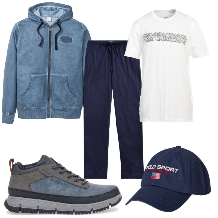 Outfit uomo - Total look #2060046. Stile Trendy per Sport. Abbinamento con felpe con cappuccio, t-shirt, pantaloni, berretti, stivali e stivaletti.