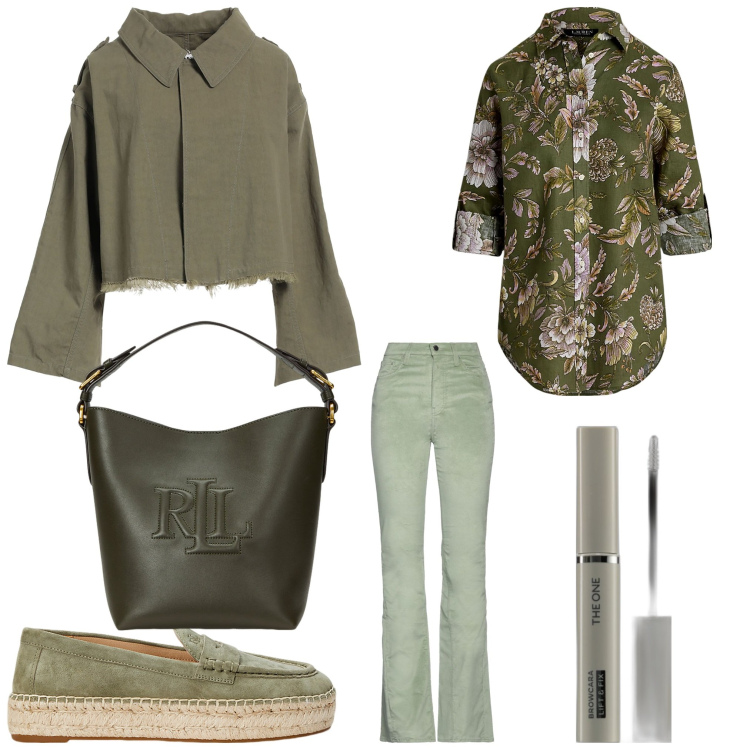 Outfit donna - Fiori a febbraio. Stile Casual chic per Serata fuori. Abbinamento con pantaloni, blazer, mascara, camicie, espadrillas, borse a secchiello.