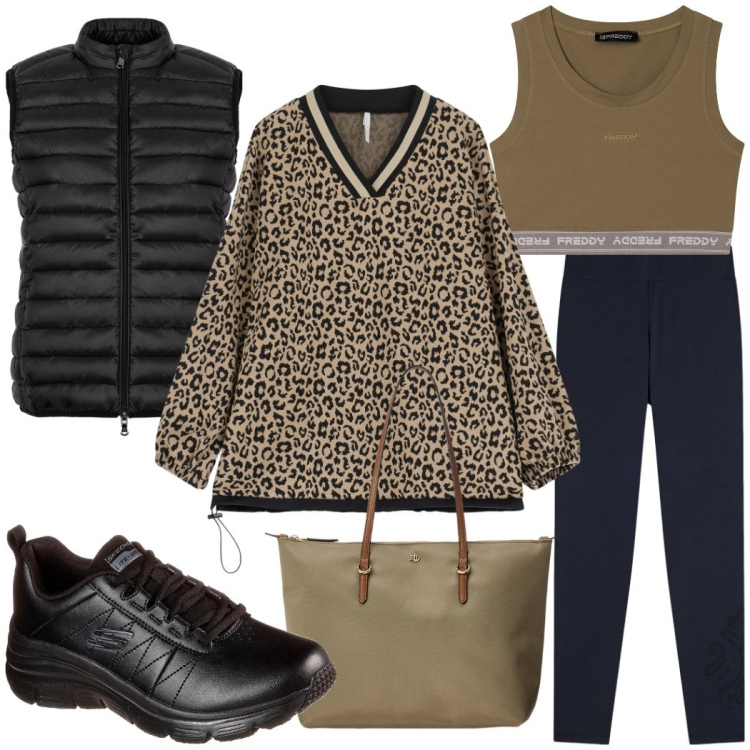 Outfit donna - Sporty chic. Stile Sporty chic per Tutti i giorni. Abbinamento con felpe, top sportivi, leggings, borse tote, piumini, sneakers.