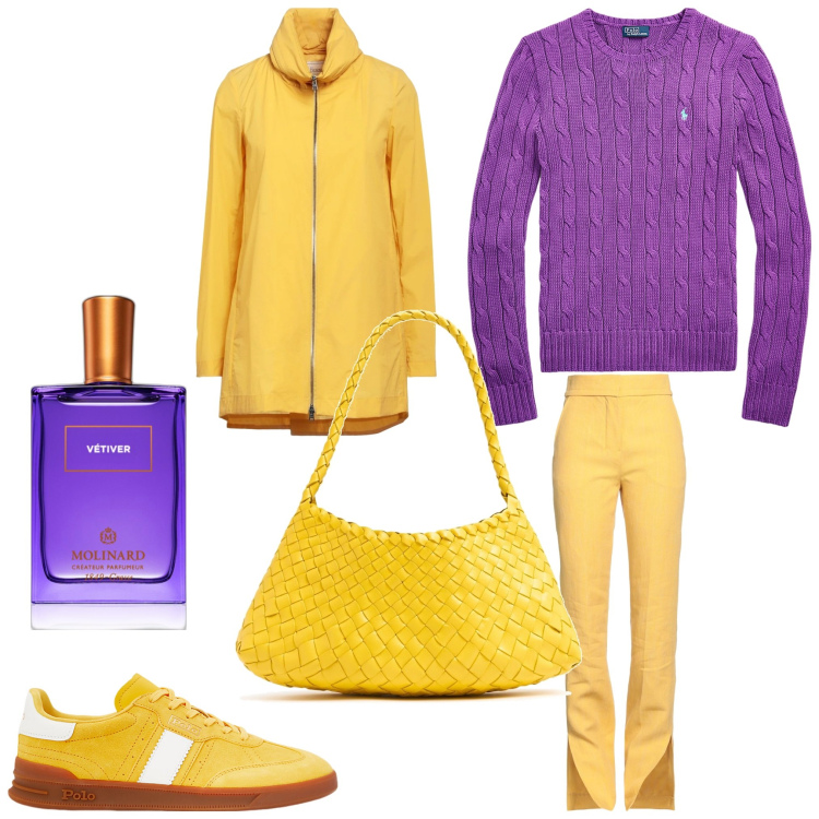 Outfit donna - Giallo e viola. Stile Sporty chic per Serata fuori. Abbinamento con trench, pantaloni, profumi, maglieria, sneakers, borse a spalla.