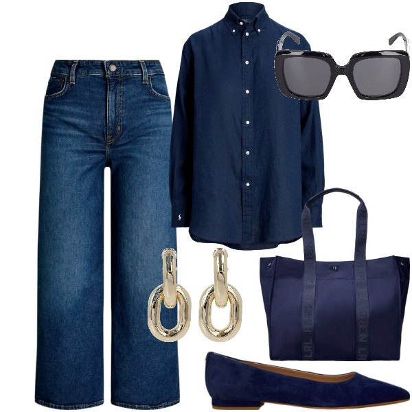 Outfit donna - Denim da ufficio. Stile Trendy per Ufficio. Abbinamento con ballerine, borse tote, camicie, jeans, orecchini, occhiali da sole.