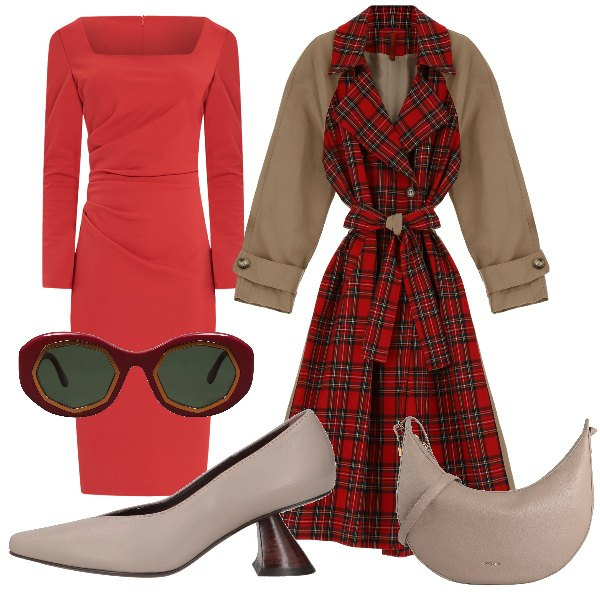 Outfit donna - rosso san valentino. Stile Glamour per Serata fuori. Abbinamento con décolleté, occhiali da sole, borse a tracolla, vestiti a tubino, trench.
