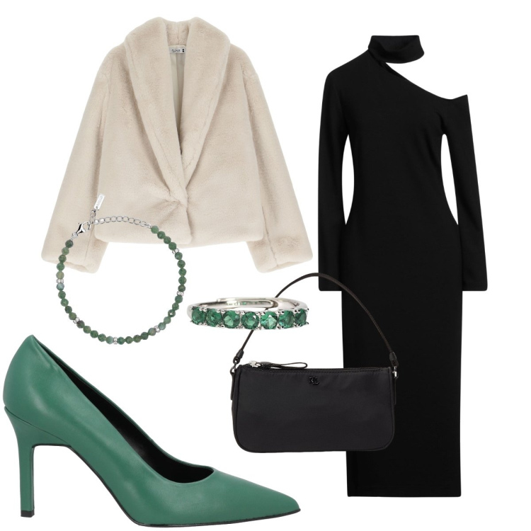 Outfit donna - Little black dress. Stile Sexy per Serata fuori. Abbinamento con décolleté, vestiti midi/longuette, ecopellicce, braccialetti, anelli, pochette.