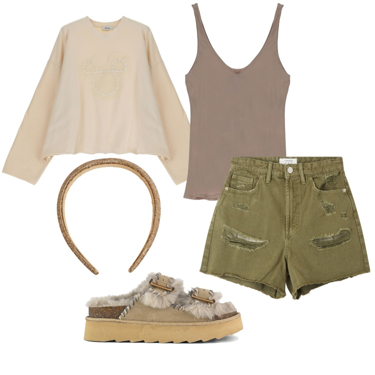 Outfit donna - Pulizie di (quasi) primavera. Stile Basic per Tutti i giorni. Abbinamento con shorts, cerchietti, felpe, canottiere, sandali.