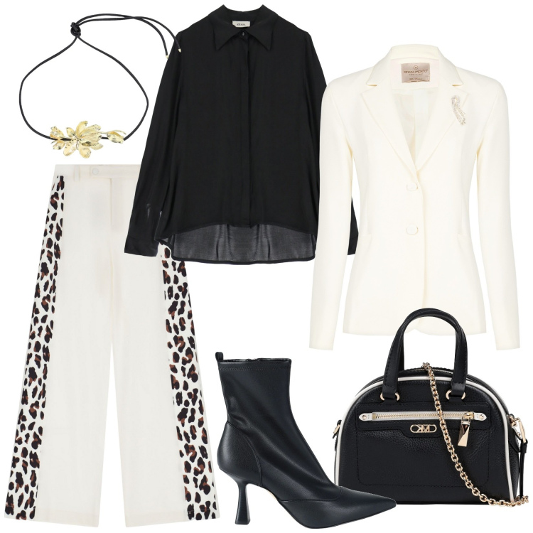Outfit donna - Total look #2060112. Stile Casual chic per Serata fuori. Abbinamento con borse a mano, stivaletti, blazer, pantaloni a palazzo, collane, camicie.