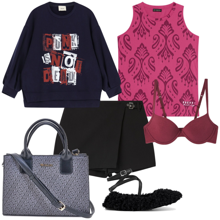Outfit donna - Total look. Stile Preppy per Tutti i giorni. Abbinamento con minigonne, reggiseni, felpe, canottiere, borse a tracolla, ballerine.
