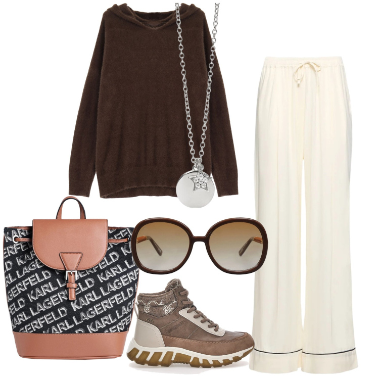 Outfit donna - Giornata comoda. Stile Casual chic per Tutti i giorni. Abbinamento con zaini, occhiali da sole, ciondoli, felpe con cappuccio, stivaletti, pantaloni.