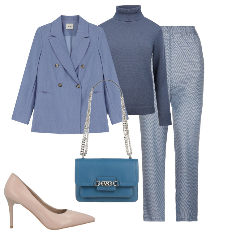 Outfit donna - Toni di blu. Stile Minimal per Tutti i giorni. Abbinamento con pantaloni, décolleté, borse a spalla, blazer, maglieria.