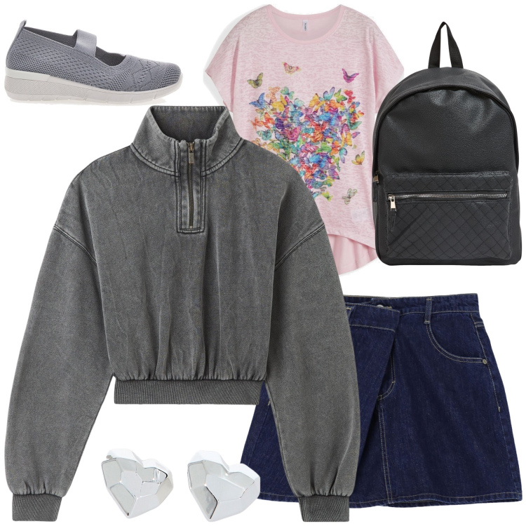 Outfit donna - San Valentino girlish. Stile Romantica per Tutti i giorni. Abbinamento con maglieria, zaini, felpe, minigonne, orecchini, ballerine.