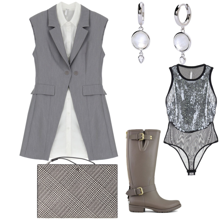 Outfit donna - Biancheria a sorpresa. Stile Urban per Ufficio. Abbinamento con orecchini, vestiti senza maniche, body, pochette, stivali.