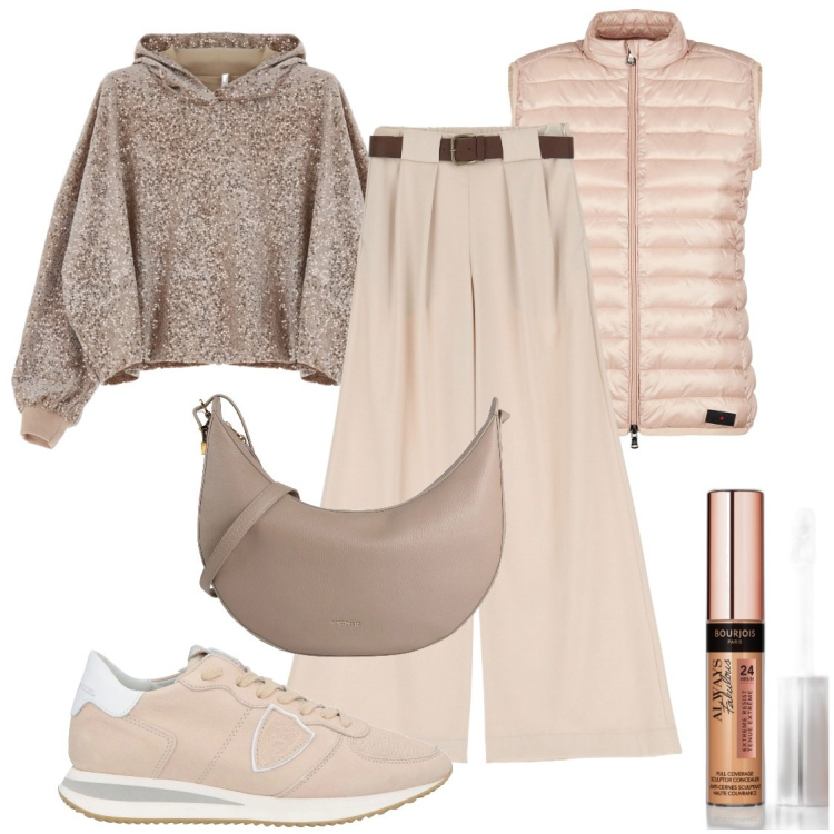 Outfit donna - Sporty chic. Stile Sporty chic per Tutti i giorni. Abbinamento con borse a tracolla, sneakers, correttori, felpe con cappuccio, piumini, pantaloni a palazzo.