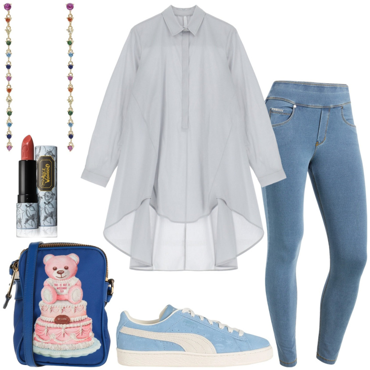 Outfit donna - Camicia oversize. Stile Sporty chic per Tutti i giorni. Abbinamento con borse a tracolla, sneakers, rossetti, orecchini, camicie, jeans skinny.