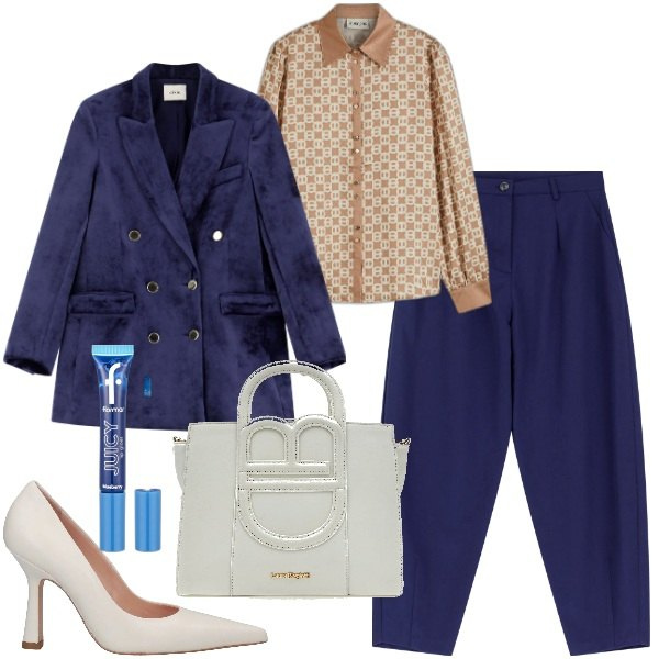 Outfit donna - Power suit. Stile Basic per Ufficio. Abbinamento con bluse, décolleté, gloss, blazer, pantaloni, borse a tracolla.