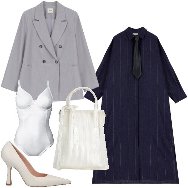 Outfit donna - Il vestito con la cravatta. Stile Mannish per Ufficio. Abbinamento con borse a mano, décolleté, body, blazer, vestiti lunghi.