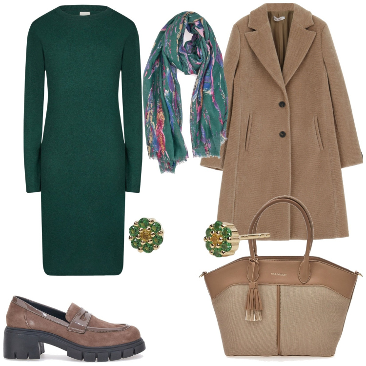 Outfit donna - L\'abito passepartout. Stile Basic per Ufficio. Abbinamento con orecchini, cappotti, vestiti midi/longuette, mocassini, foulard, borse tote.