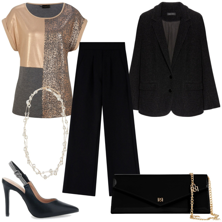 Outfit donna - Dettagli per brillare. Stile Chic per Serata fuori. Abbinamento con maglieria, pochette, pantaloni, décolleté, blazer, collane.
