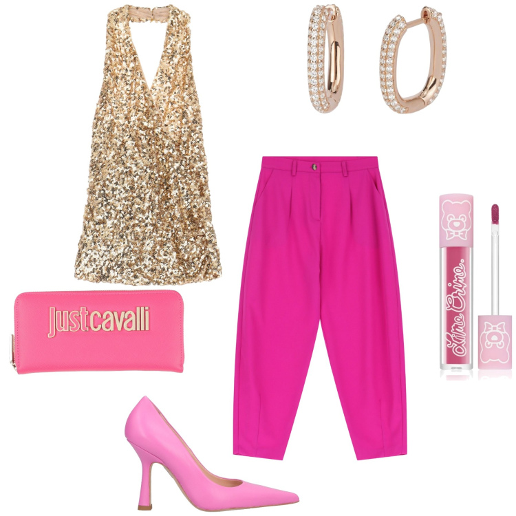 Outfit donna - San Valentino in discoteca. Stile Glamour per Serata fuori. Abbinamento con décolleté, portafogli, rossetti, orecchini, top, pantaloni.