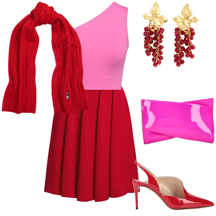 Outfit donna - Per San Valentino una apericena. Stile Trendy per Serata fuori. Abbinamento con top, décolleté, sciarpe, gonne, pochette, orecchini.