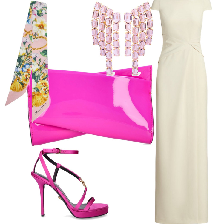 Outfit donna - Serata in rosa. Stile Glamour Abbinamento con vestiti lunghi, pochette, sandali in pelle, orecchini, foulard.