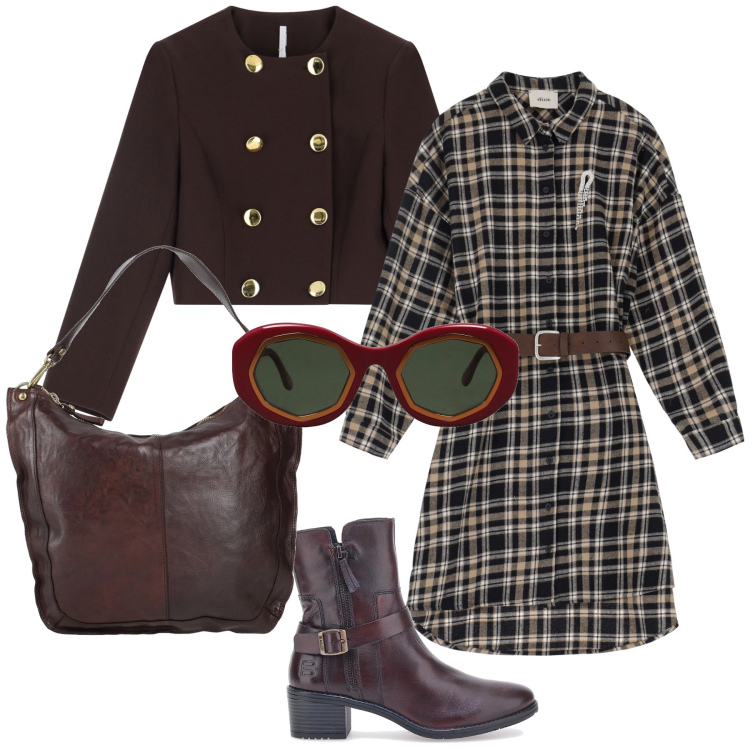 Outfit donna - Total look. Stile Urban per Tutti i giorni. Abbinamento con occhiali da sole, borse a spalla, blazer, vestiti corti, stivaletti texani.