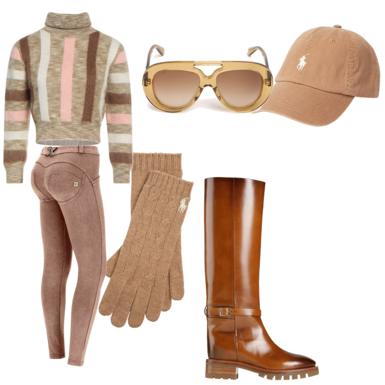 Outfit donna - Total look #2060178. Stile Casual per Tutti i giorni. Abbinamento con stivali, maglieria, pantaloni skinny, guanti, cappelli, occhiali da sole.