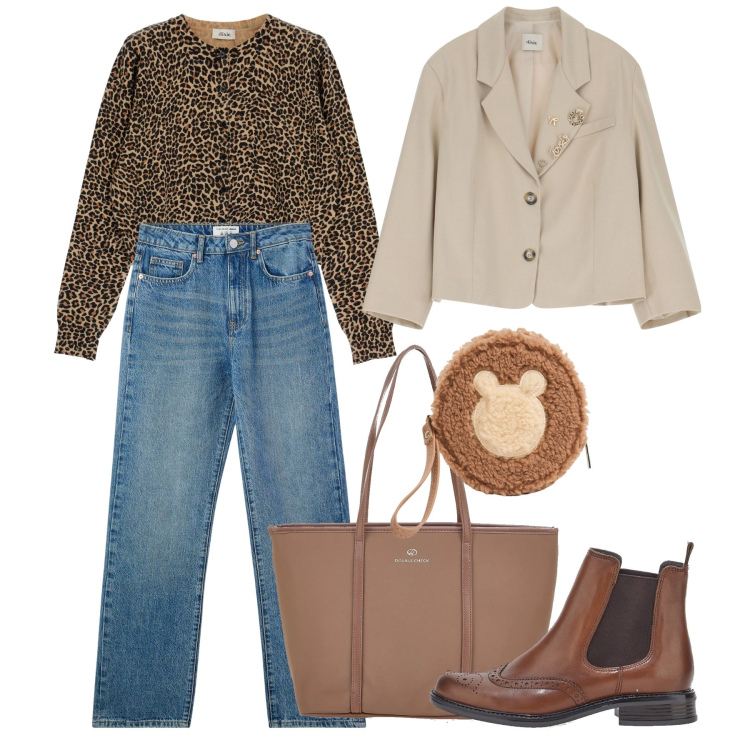 Outfit donna - Fine febbraio. Stile Casual chic per Tutti i giorni. Abbinamento con portafogli, jeans dritti, cardigans, blazer, stivaletti chelsea, borse a spalla.
