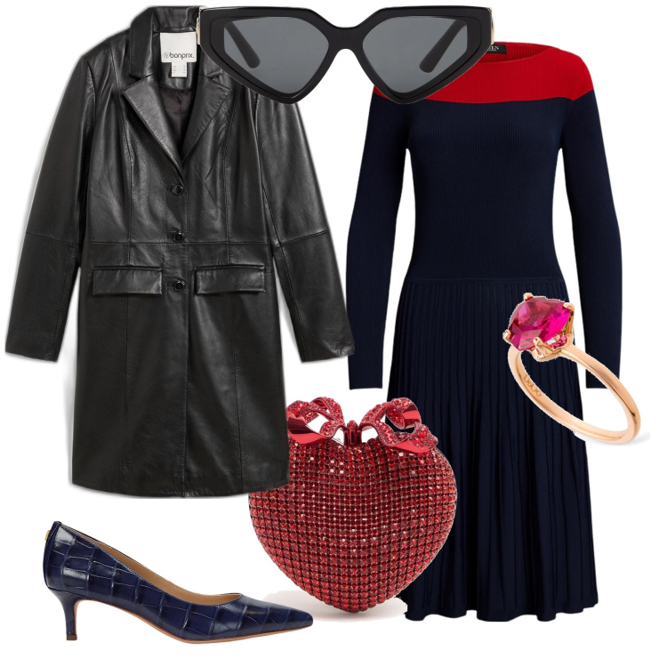 Outfit donna - San Valentino post ufficio. Stile Glamour per Serata fuori. Abbinamento con cappotti, occhiali da sole, décolleté, vestiti, anelli, pochette.