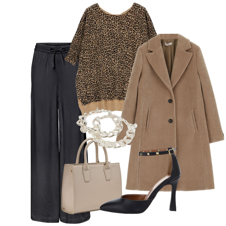 Outfit donna - Tendenza animalier. Stile Chic per Serata fuori. Abbinamento con pantaloni, décolleté, maglieria, braccialetti, shopping bag, cappotti.