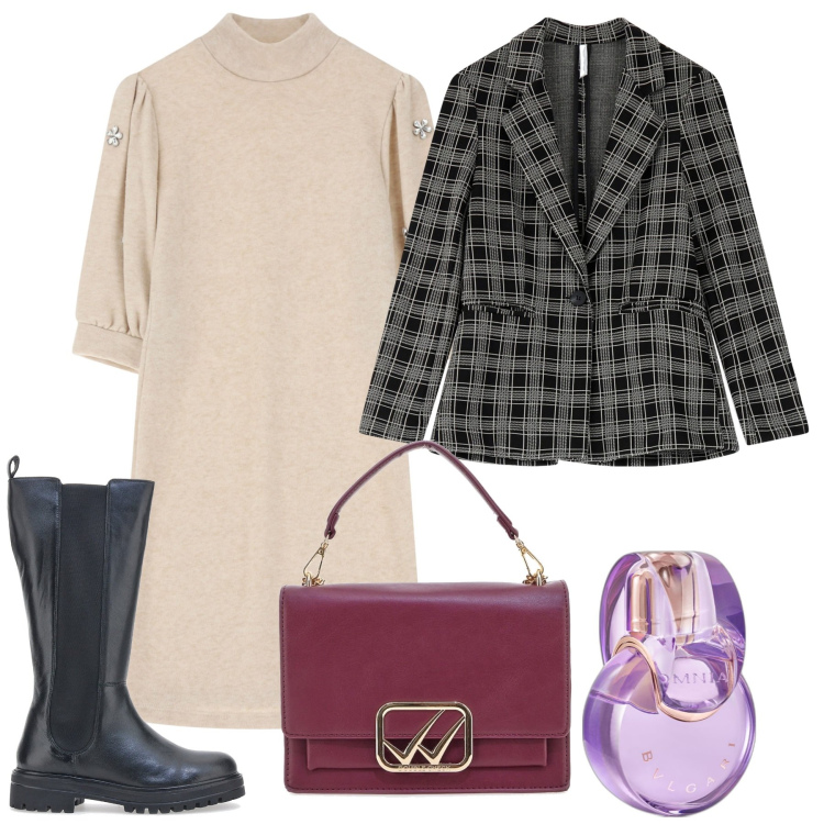 Outfit donna - Sabbia e grigio. Stile Bon Ton per Tutti i giorni. Abbinamento con profumi, vestiti corti, blazer, borse a tracolla, stivali sopra il ginocchio.