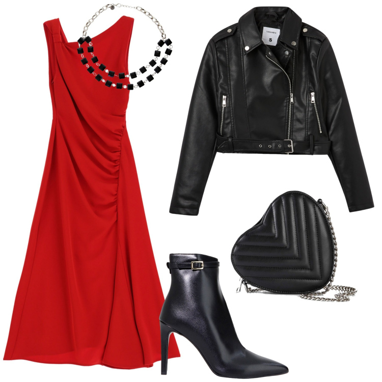 Outfit donna - San Valentino in Red. Stile Rock per Serata fuori. Abbinamento con borse a tracolla, giacche, vestiti asimmetrici, stivaletti, collane.
