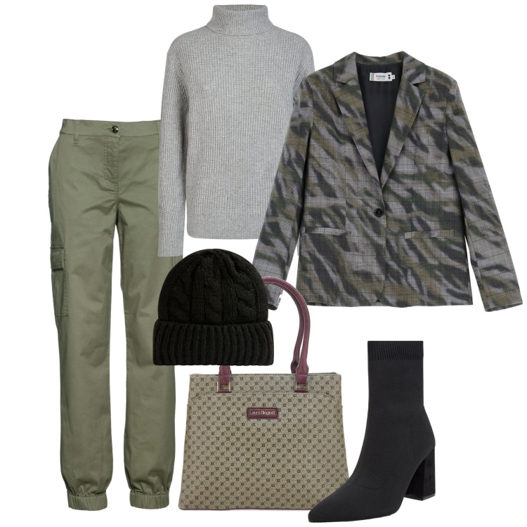 Outfit donna - Tokio. Stile Urban per Tutti i giorni. Abbinamento con pantaloni cargo, stivaletti, berretti, blazer, maglieria, borse a spalla.