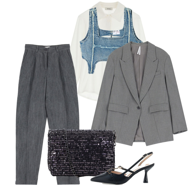 Outfit donna - Il corpetto in denim. Stile Casual chic per Tutti i giorni. Abbinamento con top, blazer, camicie, pantaloni, borse a tracolla, décolleté.