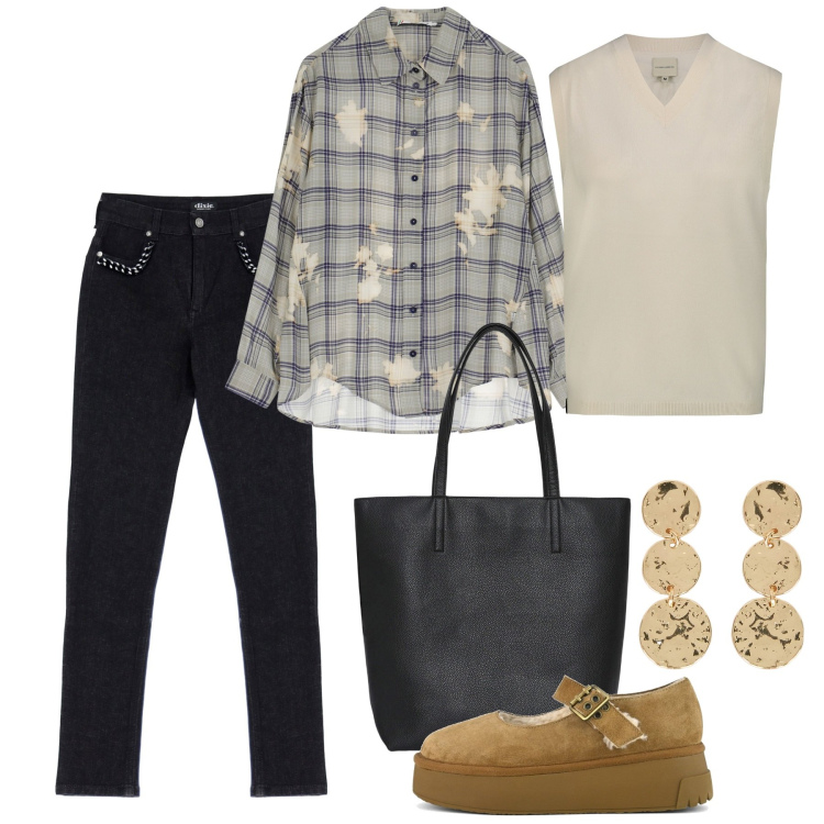 Outfit donna - La camicia oversize passepartout. Stile Casual chic per Tutti i giorni. Abbinamento con borse tote, camicie, jeans, maglieria, décolleté, orecchini.