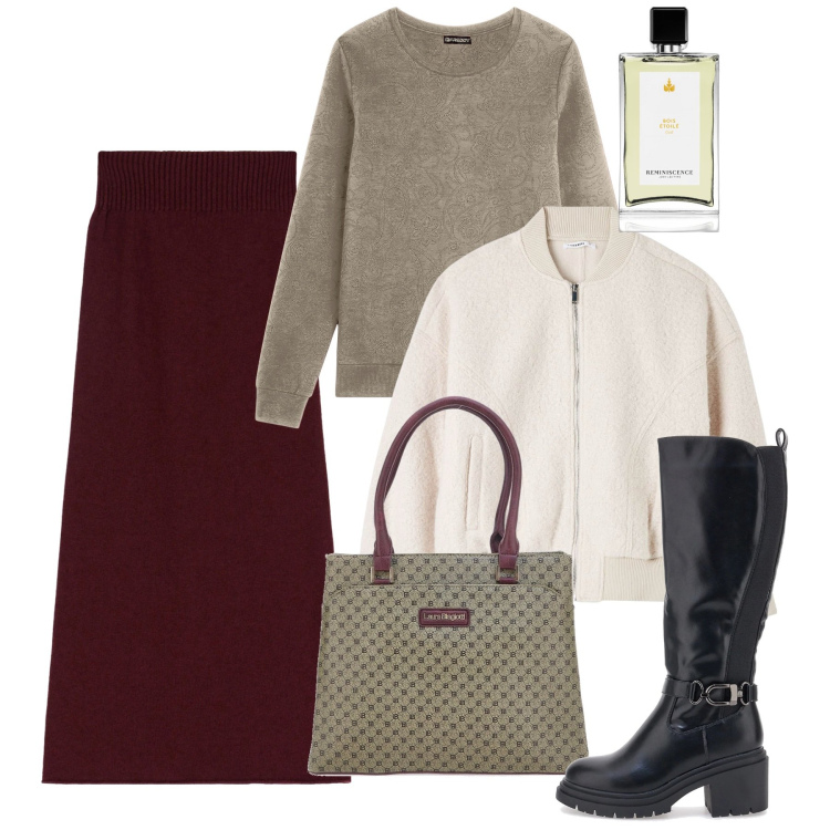 Outfit donna - Febbraio. Stile Bon Ton per Tutti i giorni. Abbinamento con profumi, bomber, gonne longuette, felpe, borse a spalla, stivali sopra il ginocchio.