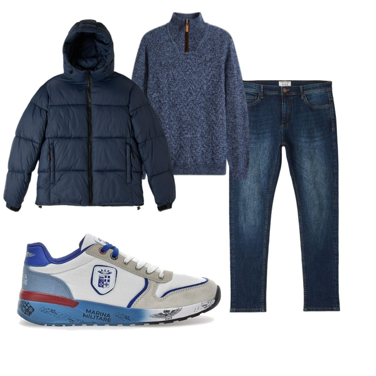 Outfit uomo - Total look #2060198. Stile Casual per Tutti i giorni. Abbinamento con maglieria, jeans skinny, piumini, sneakers.