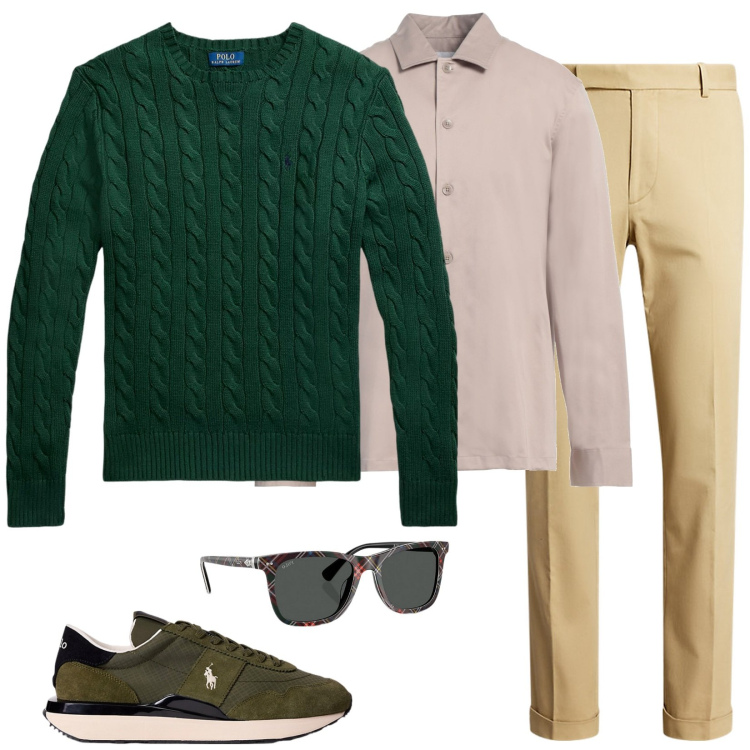Outfit uomo - Le sneakers verdi. Stile Casual per Ufficio. Abbinamento con camicie, sneakers, pantaloni chino, maglieria, occhiali da sole.