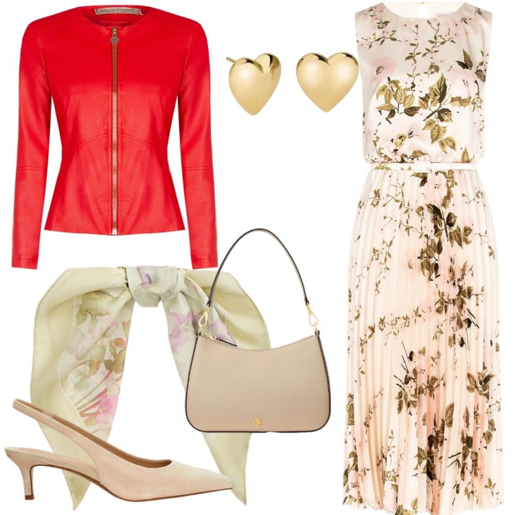 Outfit donna - Abito fiori. Stile Romantica per Cerimonia. Abbinamento con orecchini, vestiti midi/longuette, blazer, borse a spalla, décolleté, foulard.
