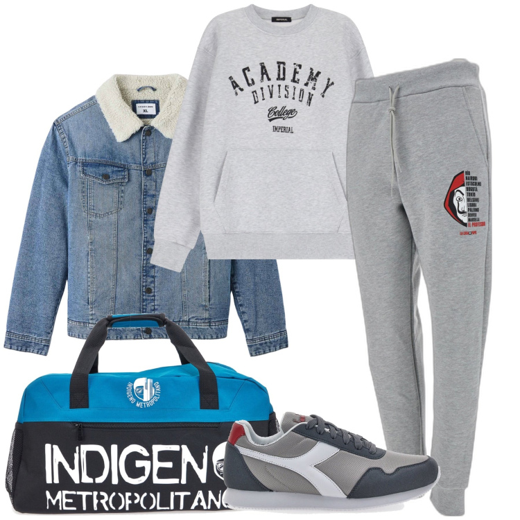 Outfit uomo - Indigeno metropolitano. Stile Urban per Sport. Abbinamento con giacche, felpe, sneakers, pantaloni, borse sportive.