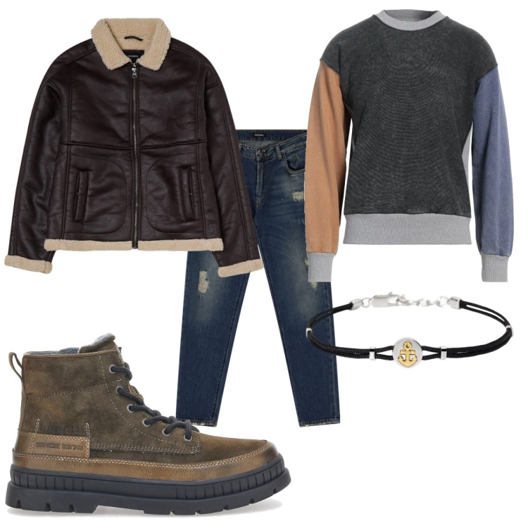 Outfit uomo - Total look #2060209. Stile Urban per Tutti i giorni. Abbinamento con felpe, giacche, braccialetti, jeans dritti, stivali e stivaletti.
