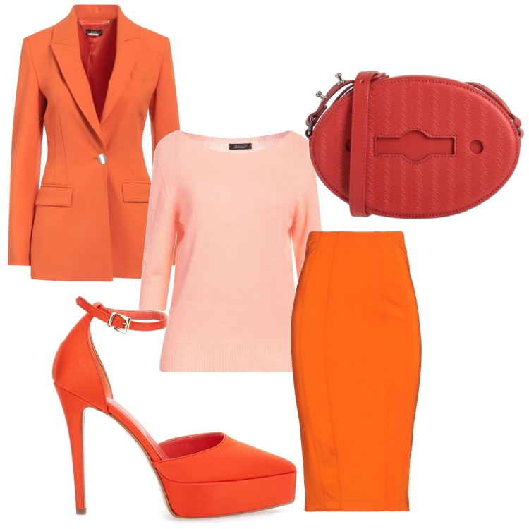 Outfit donna - Arancio. Stile Chic per Serata fuori. Abbinamento con blazer, gonne longuette, borse a tracolla, pullovers, décolleté.
